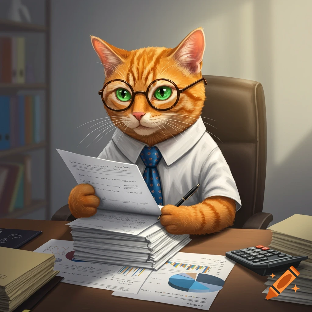An orange tabby cat wearing glasses and a tie works at a desk with papers and a calculator.