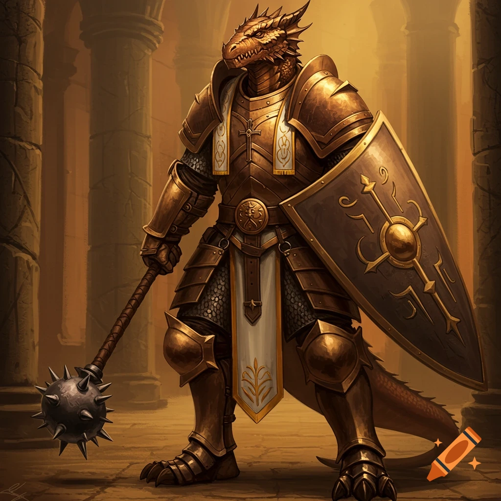 A bronze dragonborn cleric in heavy golden armor holds a mace and shield in a large hall.