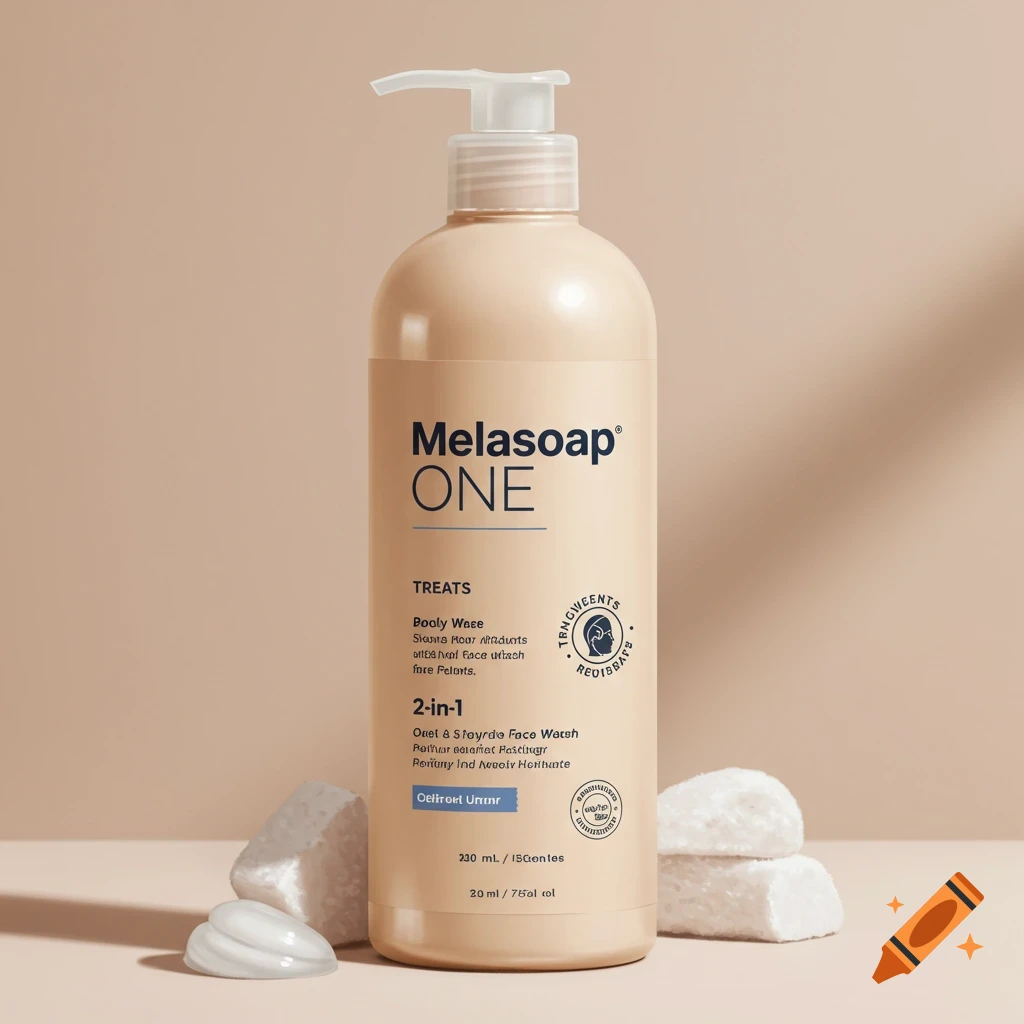 A modern product shot of a bottle of body and face wash.