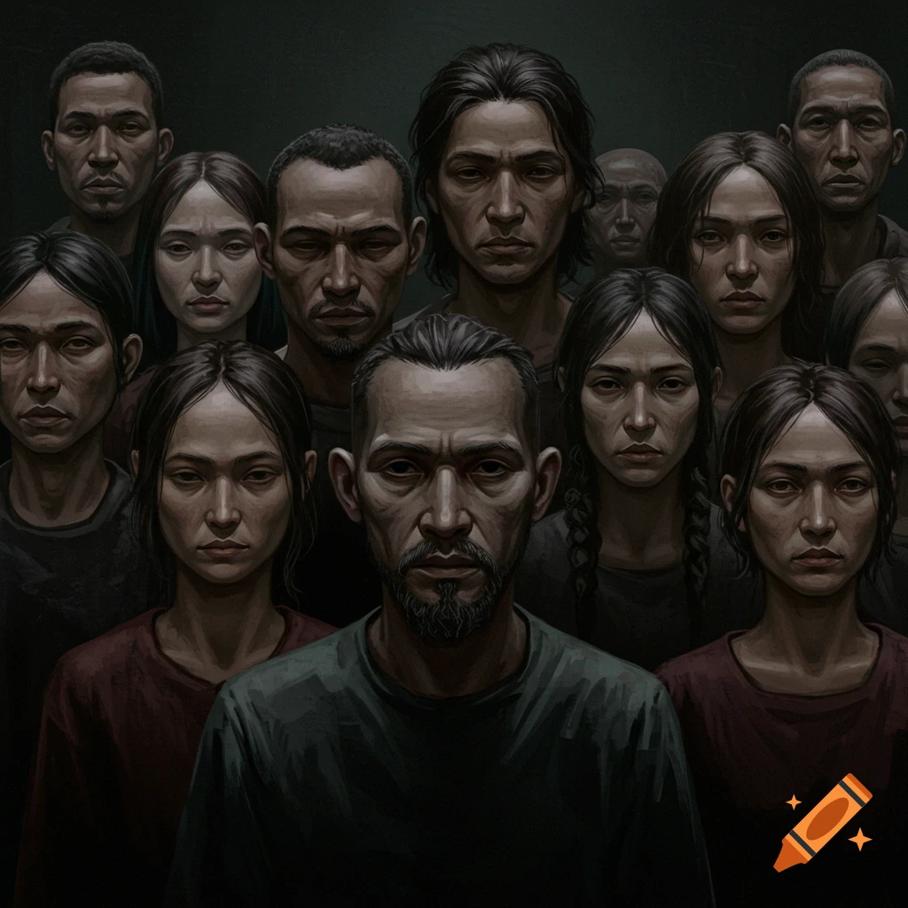 A group of solemn-looking people in a dark, painterly style.