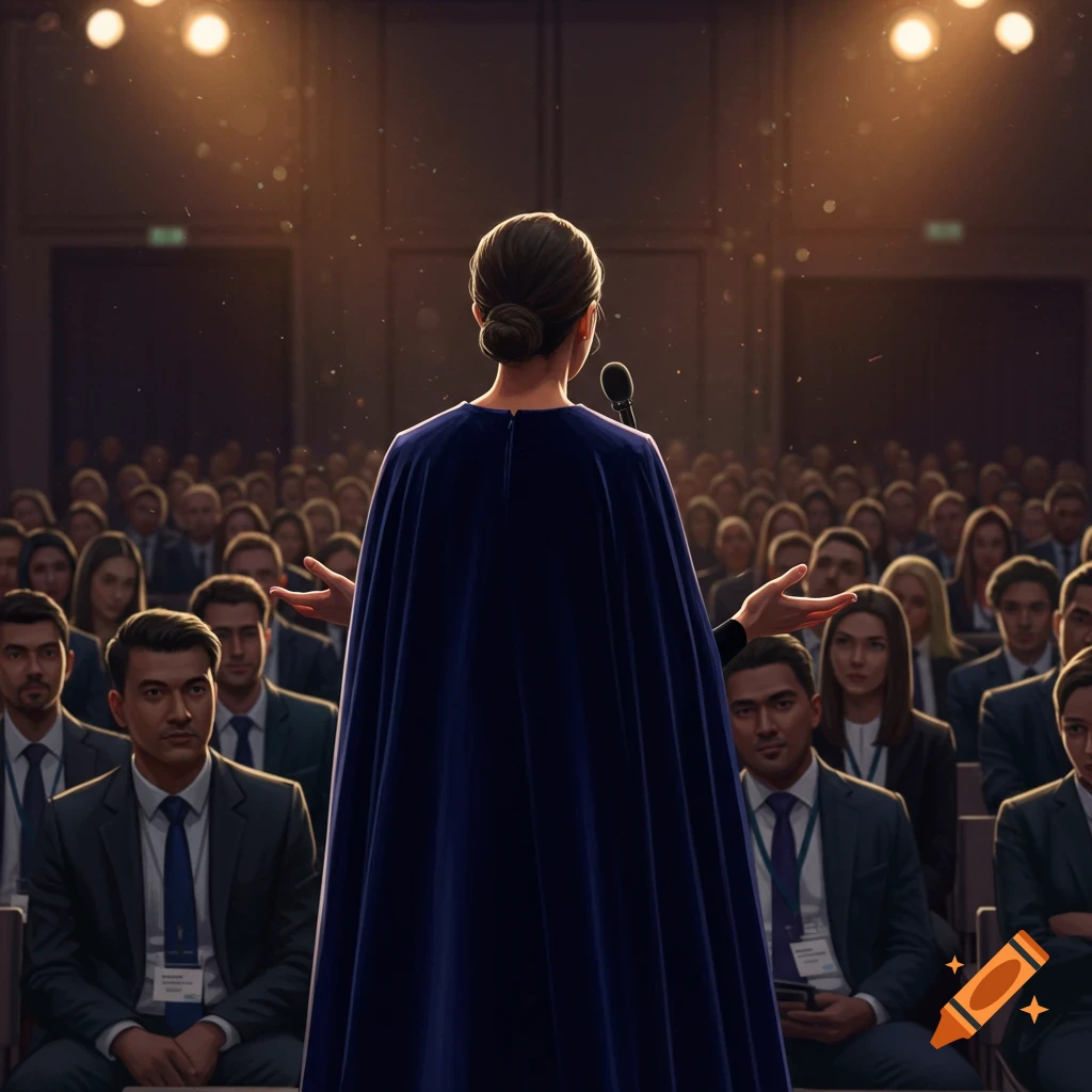 Woman in a cape speaking on stage to a conference audience in suits