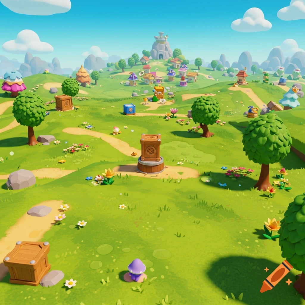 A vibrant, cartoon-style video game landscape with rolling green hills, paths, trees, houses, and characters under a blue sky.