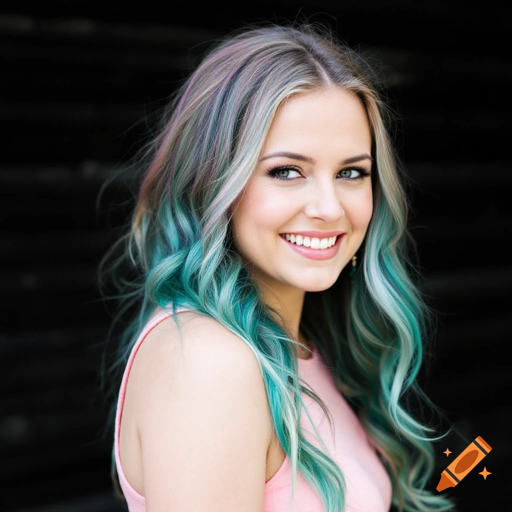 Portrait of a woman with wavy blue and green hair smiling.