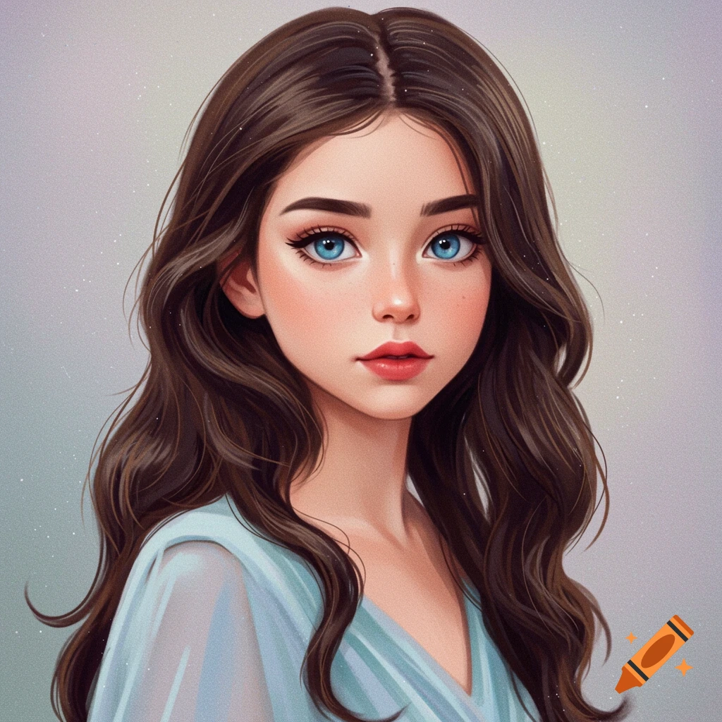 Stylized portrait of a young woman with brown hair and blue eyes.