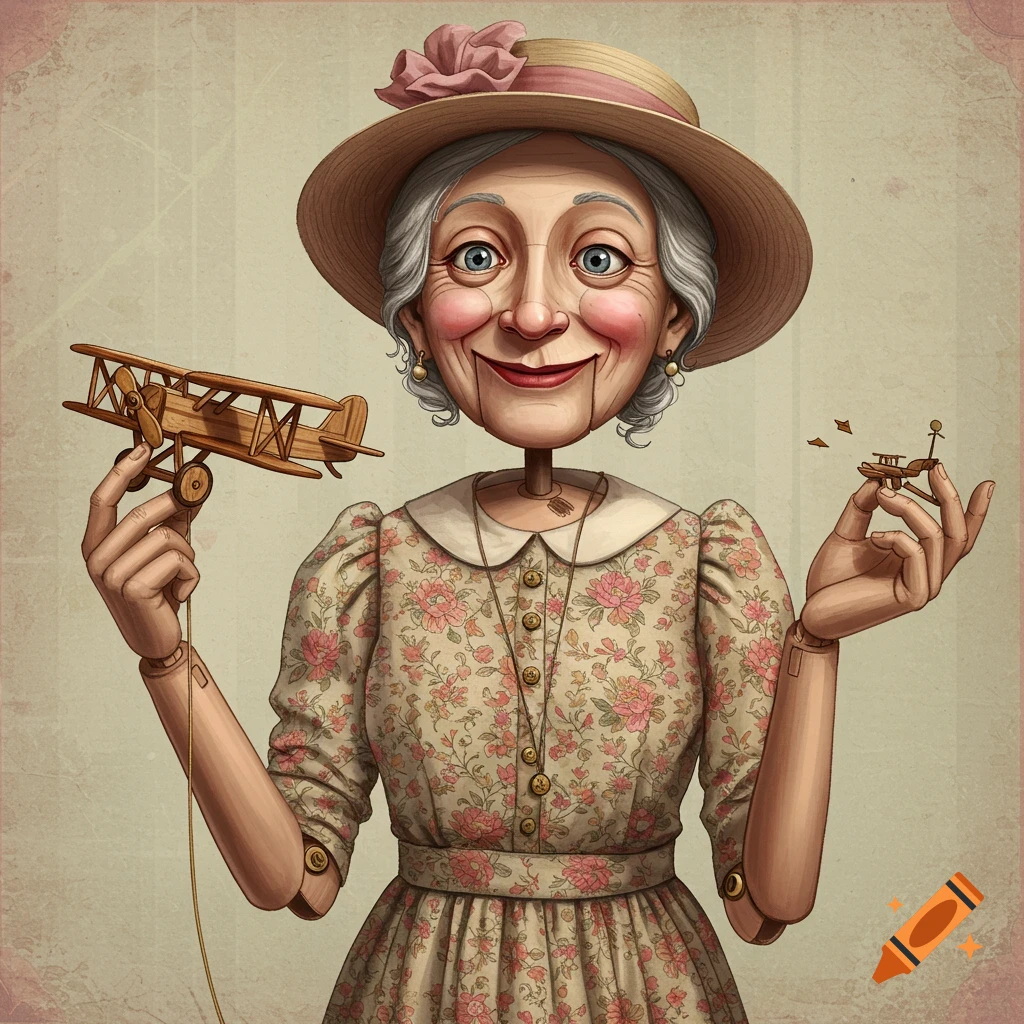 Vintage illustration of an old lady ventriloquist dummy holding wooden toy airplanes.
