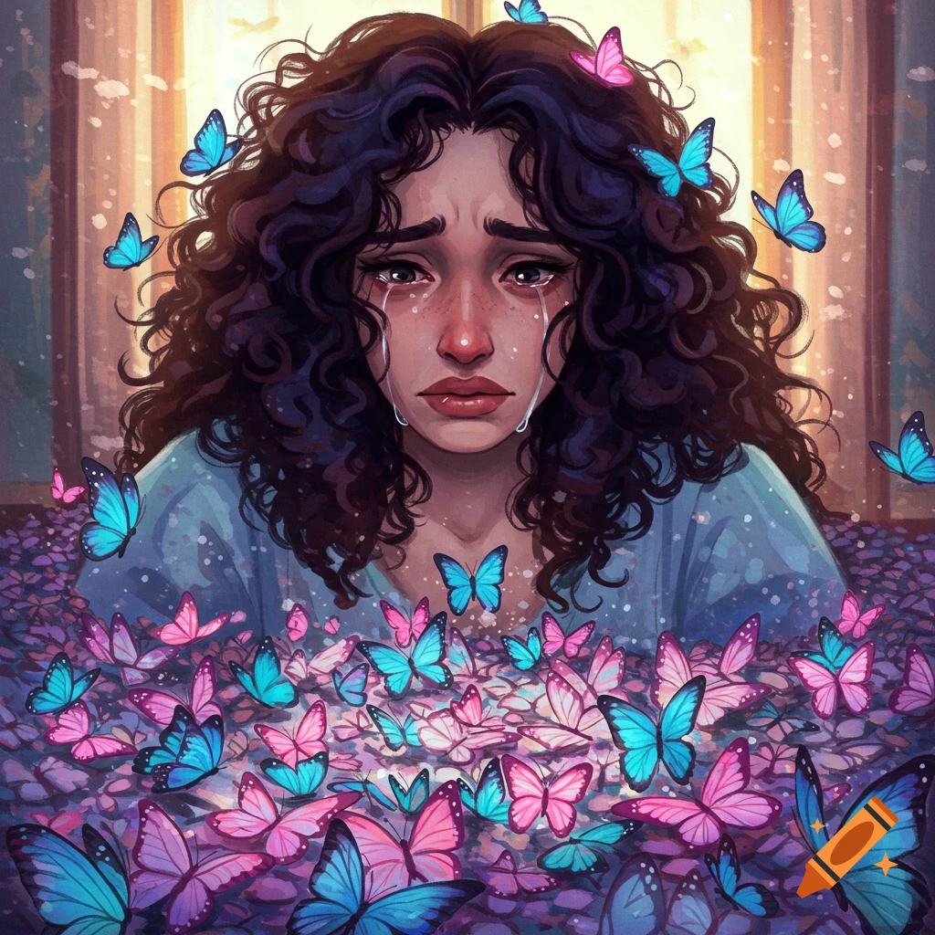 A crying woman with curly hair surrounded by pink and blue butterflies.
