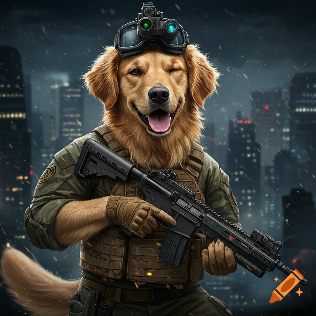 A golden retriever dog wearing military gear and goggles winks while holding a rifle in front of a city skyline.