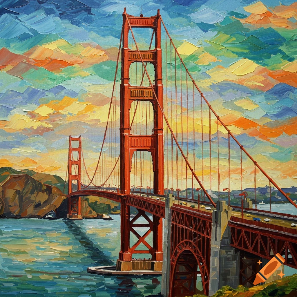 Impasto painting of the Golden Gate Bridge at sunset.