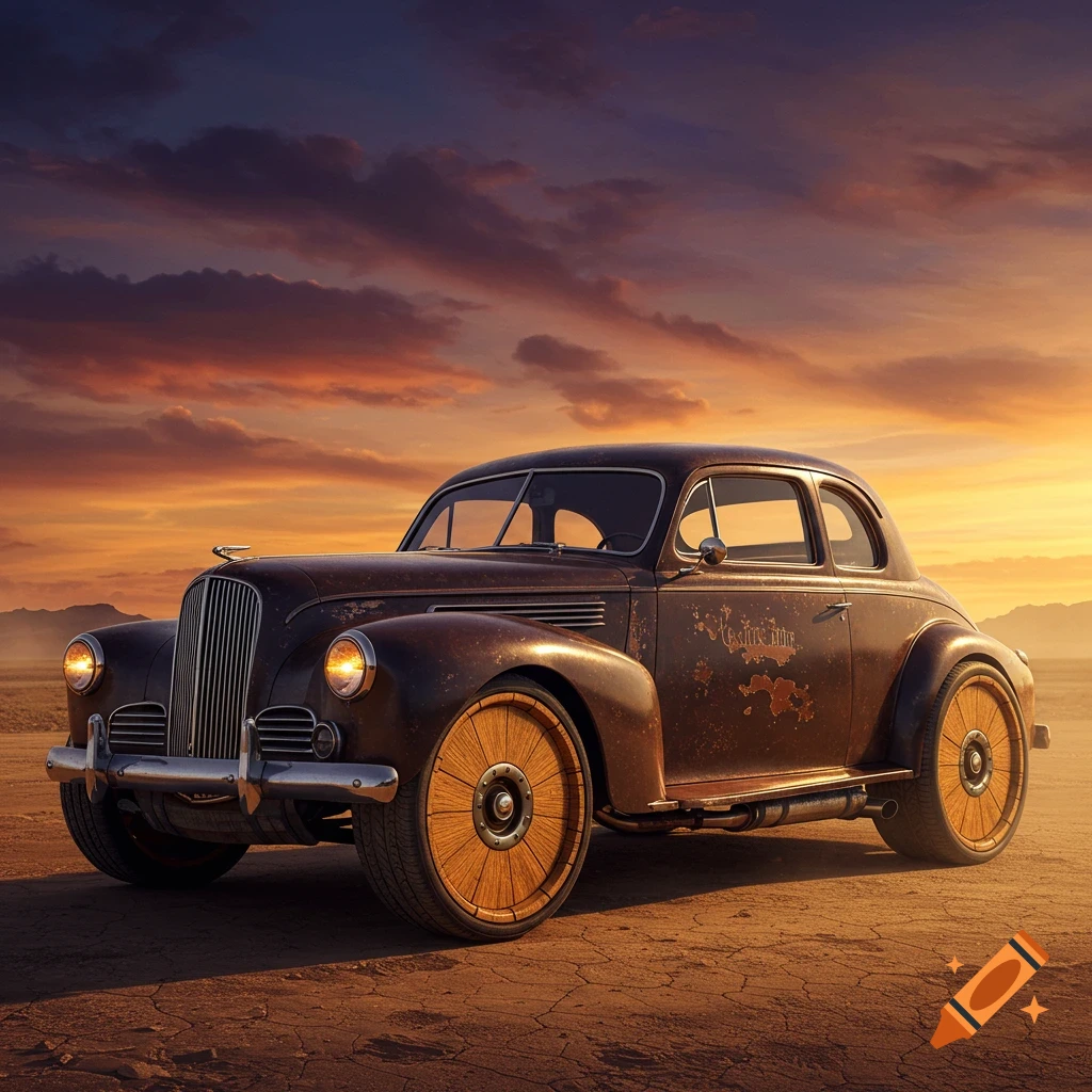 A rusty old car with wooden wheels sits in a desert landscape at sunset.