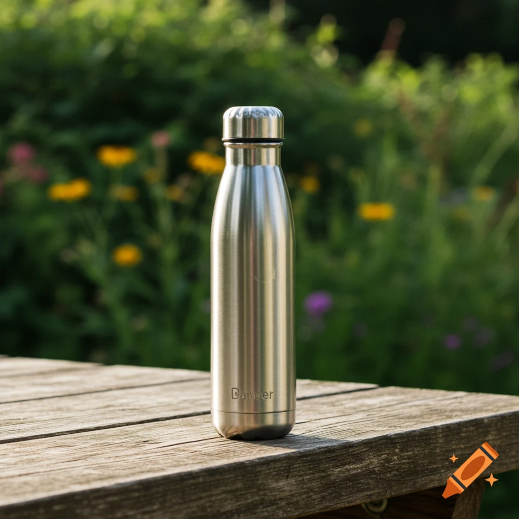 A stainless steel water bottle sits on a wooden picnic table outdoors, with blurred greenery and flowers in the background. Photorealistic.