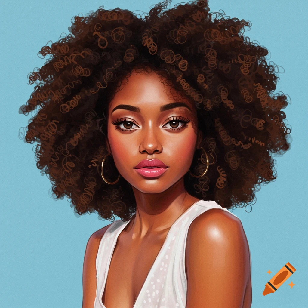 A portrait of a young Black woman with large coily hair against a blue background.