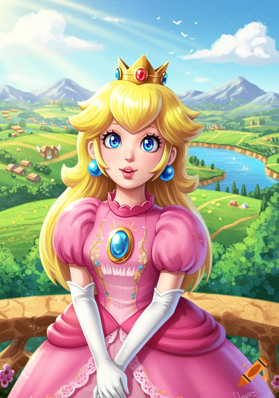 Princess Peach is smiling, wearing her pink dress and crown, standing on a balcony overlooking a sunny, detailed landscape with a lake and mountains.