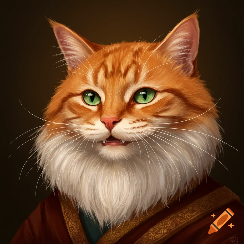 Portrait of an orange tabby cat with green eyes and a white ruff, wearing a red and gold robe.