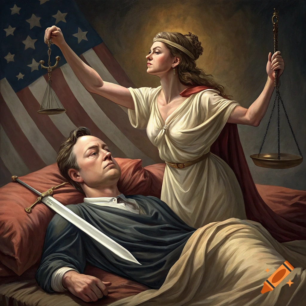 Painting of Lady Justice holding scales over Elon Musk, a sword on the bed, with American flag background