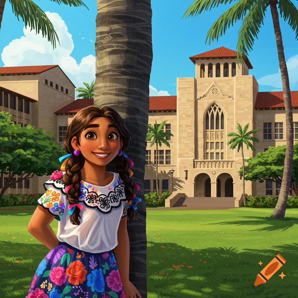 Illustration of a young girl with braided pigtails standing in front of a campus building with palm trees.