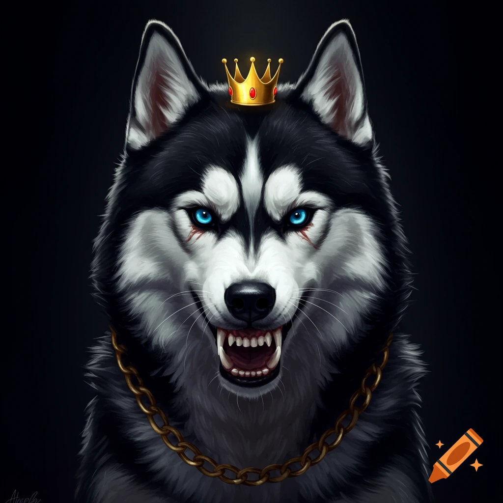 Front-facing image of a growling Siberian Husky wearing a gold crown and chain.