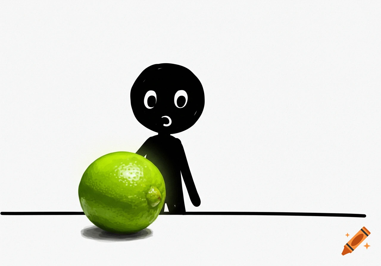 A black stick figure looks at a bright green lime.