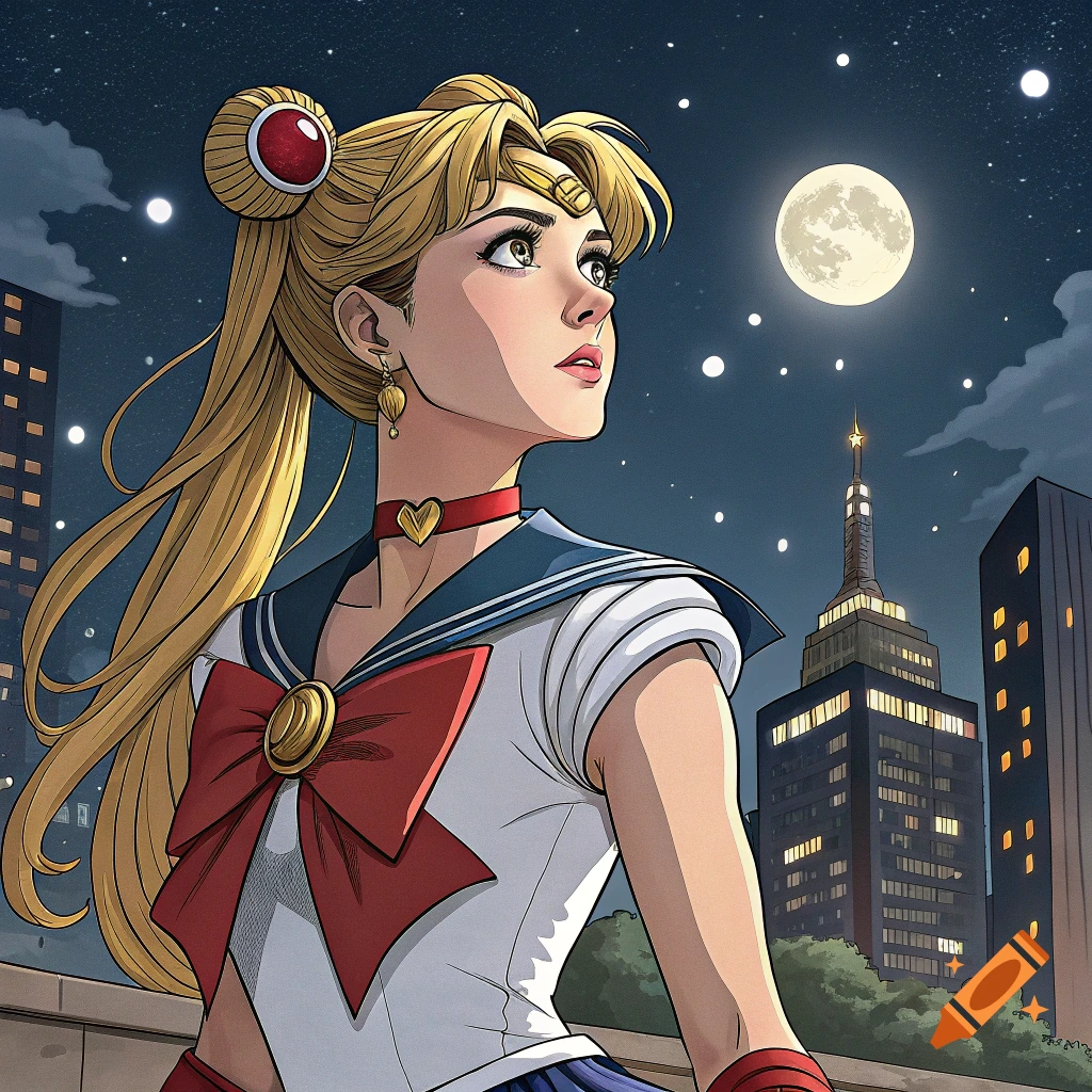 An anime-style depiction of a blonde woman in a Sailor Moon-like outfit looking up at a full moon over a city at night.