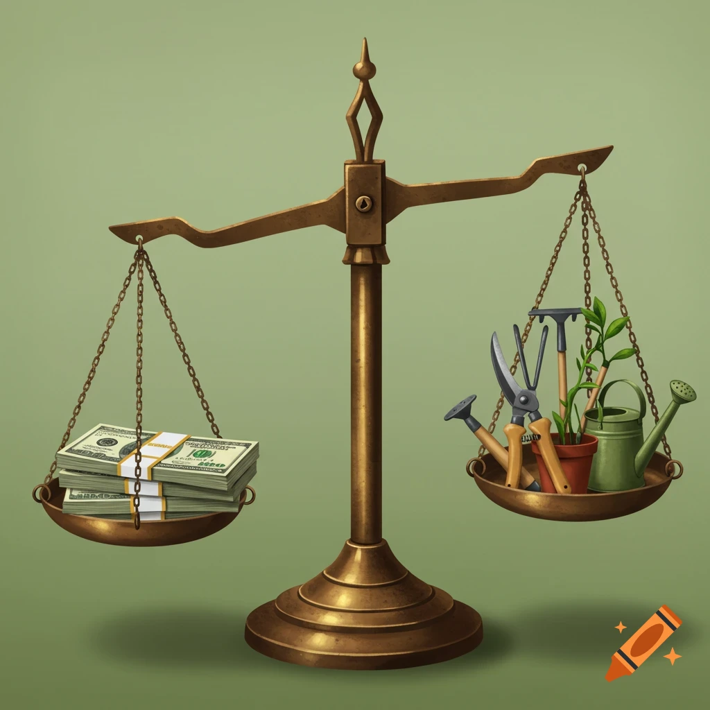 An illustration of a balance scale with money on one side and gardening tools on the other.