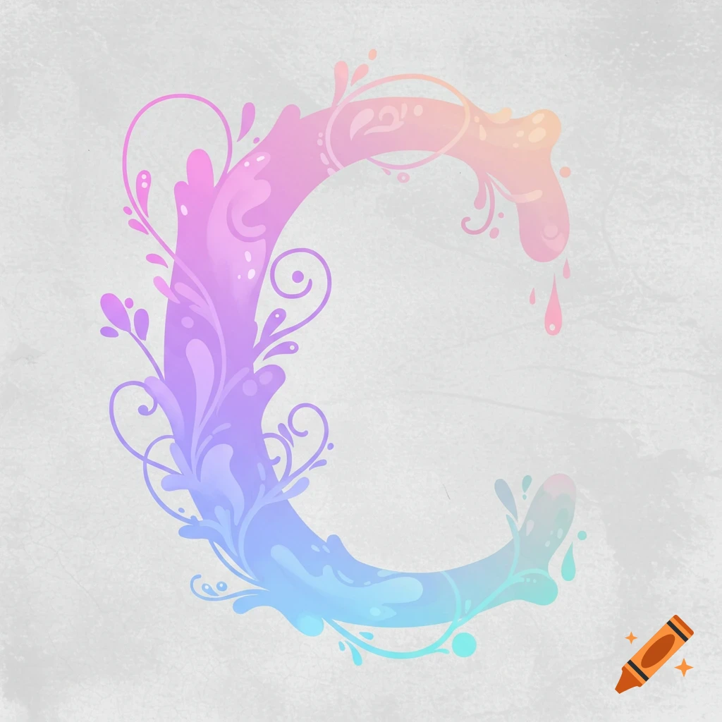 Decorative letter C illustration with pink, purple, and blue gradient and swirling floral details.