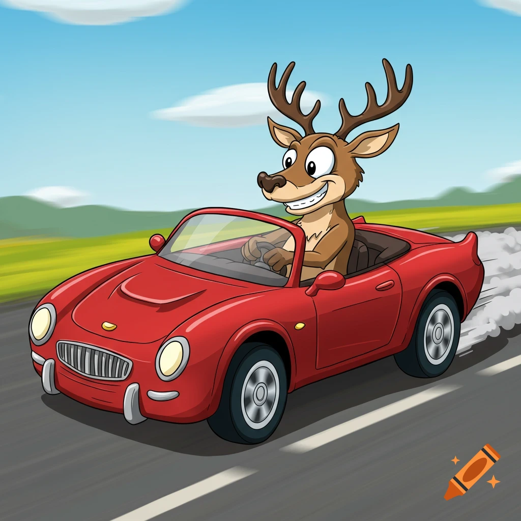 A cartoon deer driving a red convertible sports car on a road.