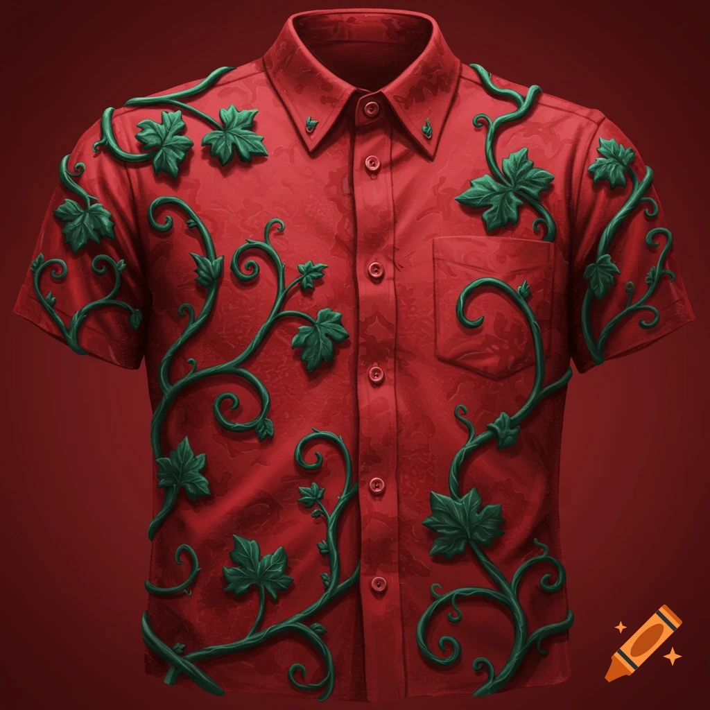 Red button-up shirt with green vine motif texture.