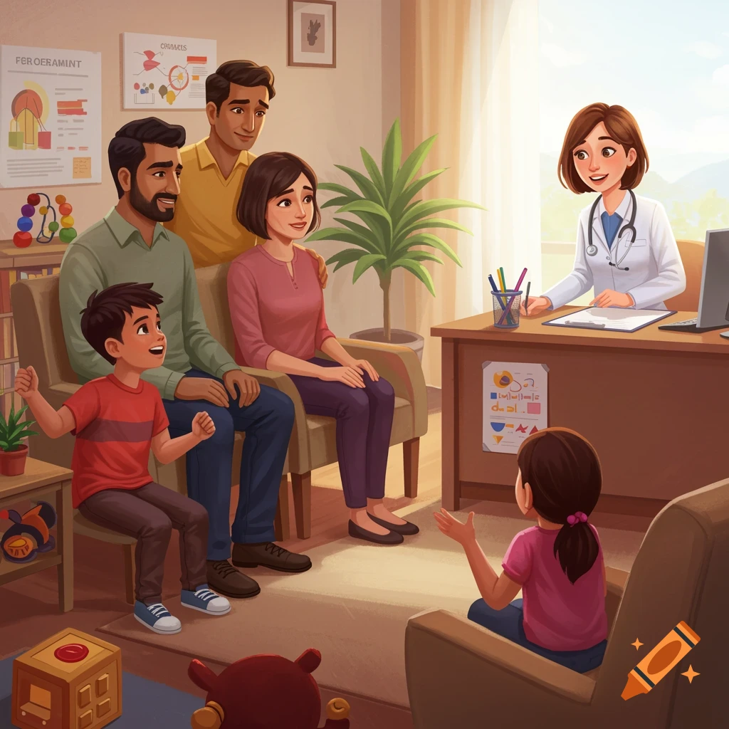 Illustration of a family sitting with a doctor in a brightly lit clinic or office.