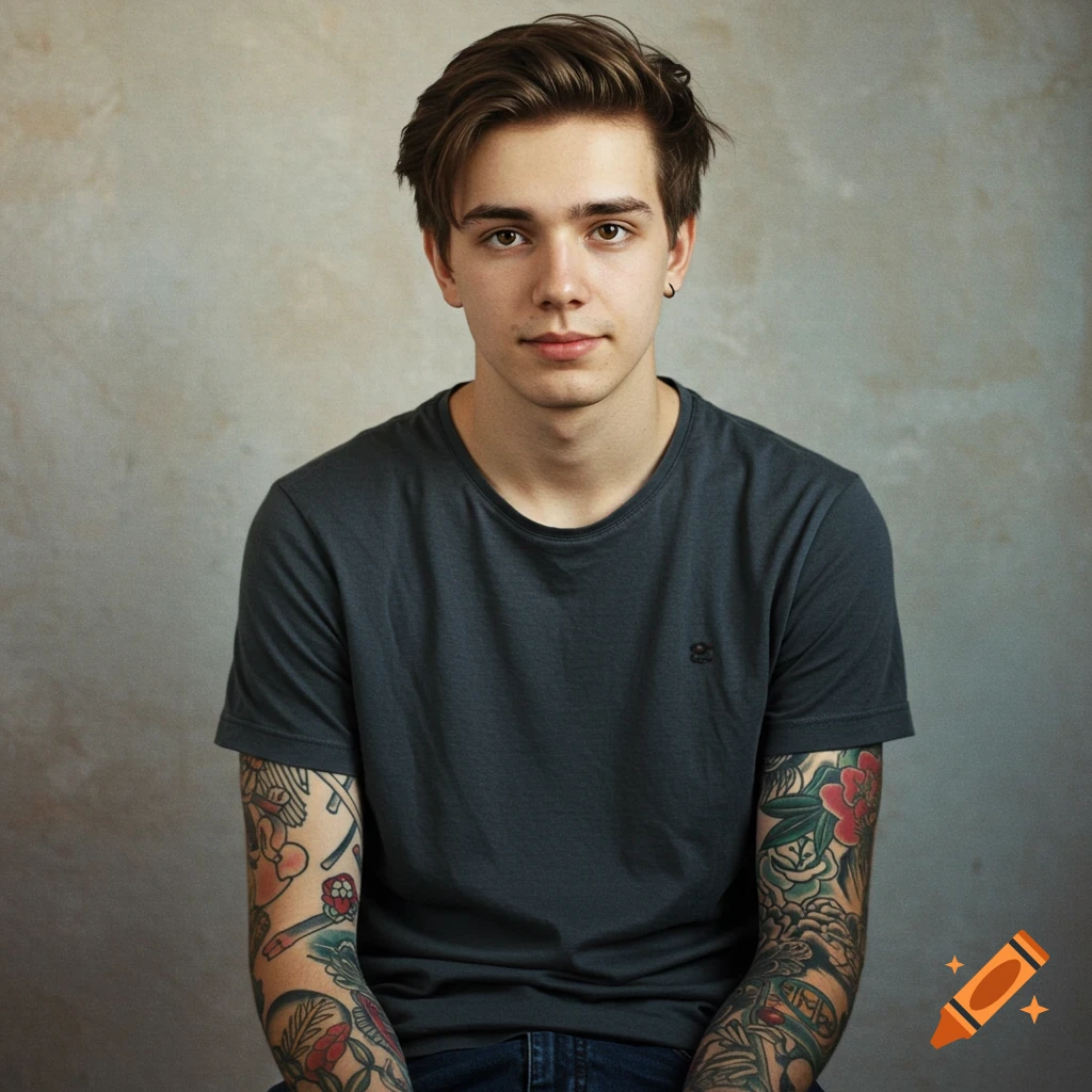 A portrait of a young man with tattoos on his arms.