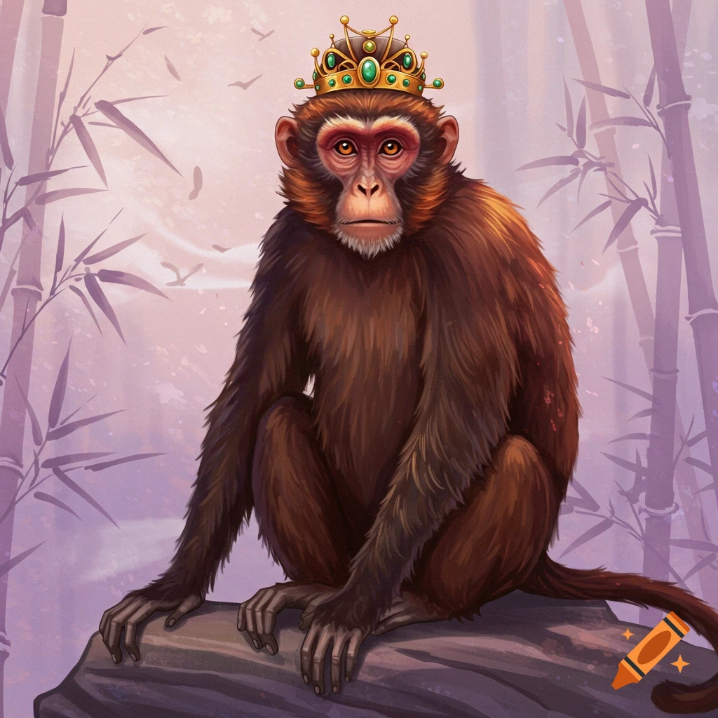 An illustration of a monkey wearing a golden crown with green jewels, sitting on a rock in front of bamboo.