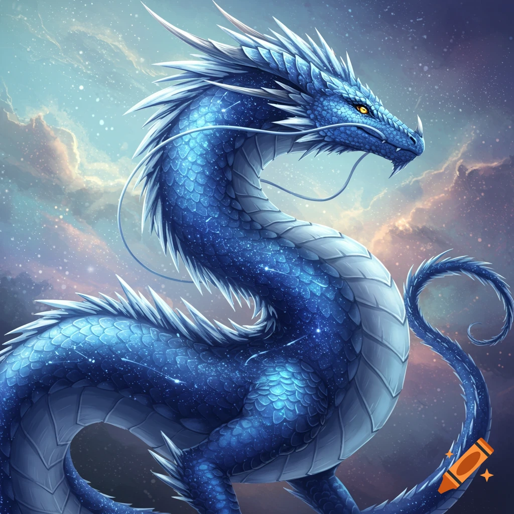 Blue dragon with starry scales against a cloudy, starry sky.