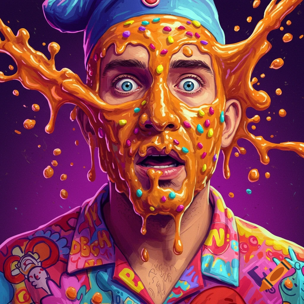 Close-up illustration of a man with colorful soup and candy sprinkles splashed on his face and flowing off.