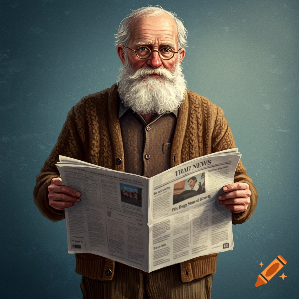Old man with white beard and glasses holding a newspaper.