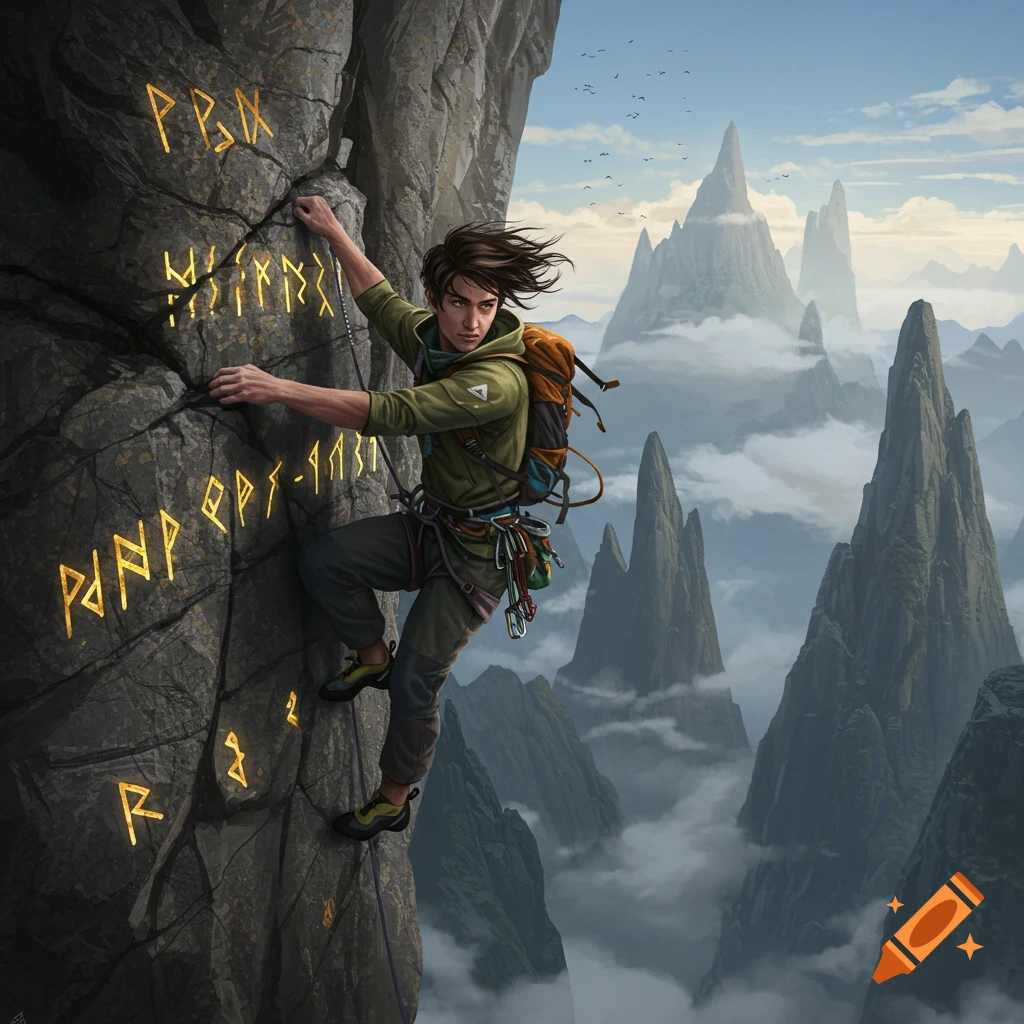 A climber on a sheer rock face with glowing runes, surrounded by dramatic mountain peaks and clouds.