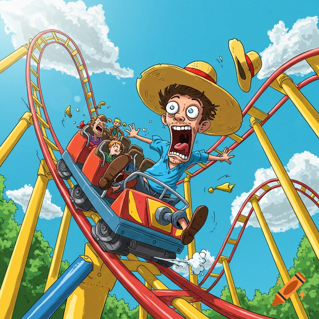 A cartoon illustration of people screaming on a roller coaster ride.