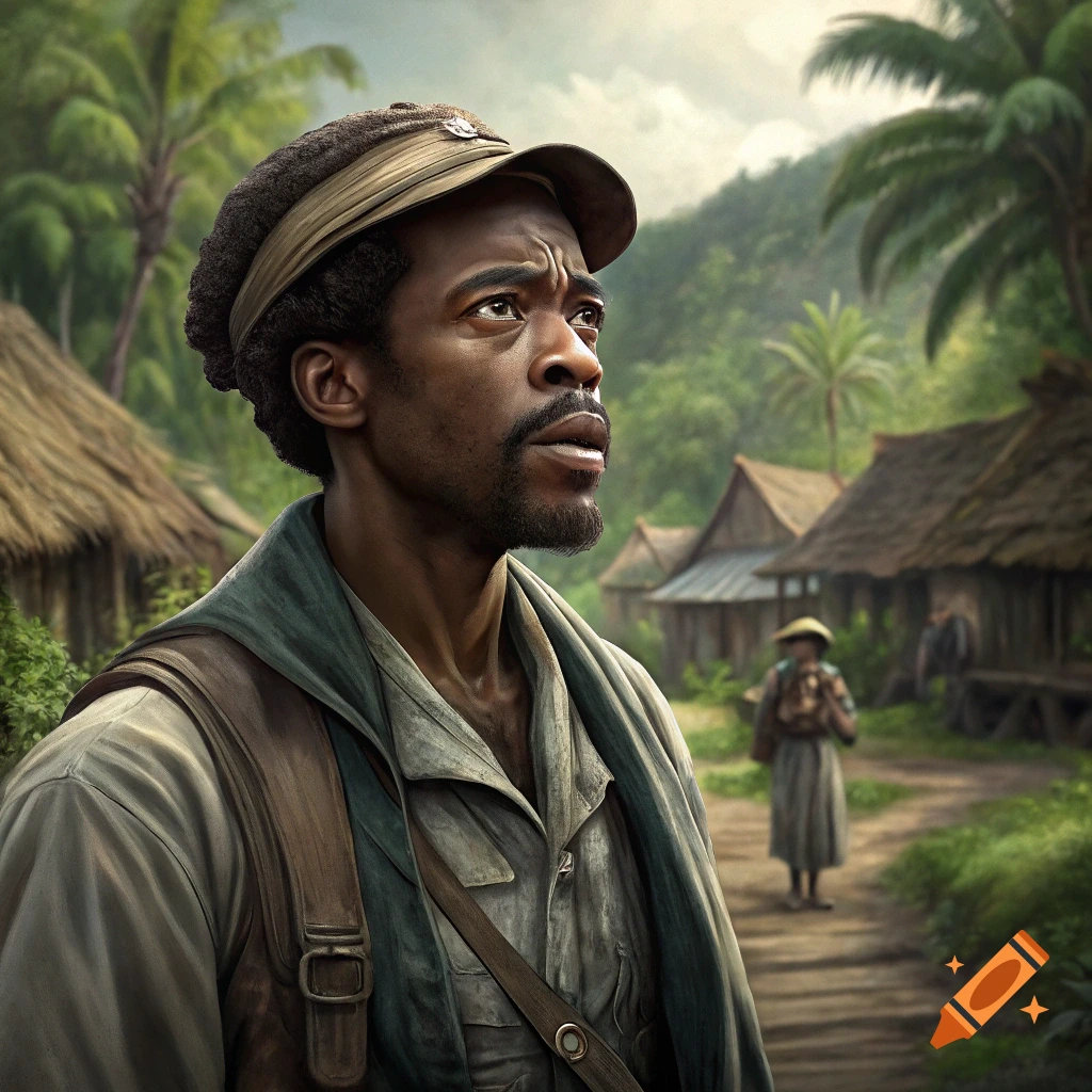 A man in a cap and satchel looks up in a jungle village.