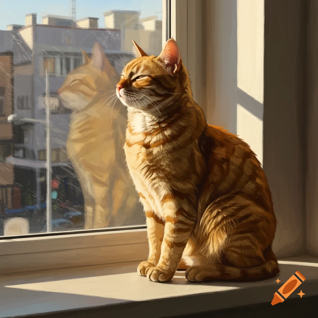 An orange tabby cat sits on a window sill in sunlight, looking out at a city reflection.