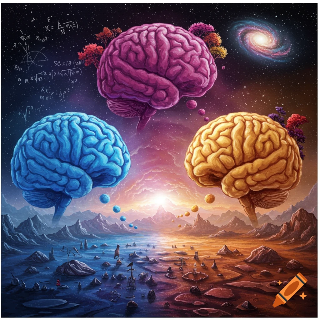 Three colorful brains float above a split landscape with math equations and a galaxy.
