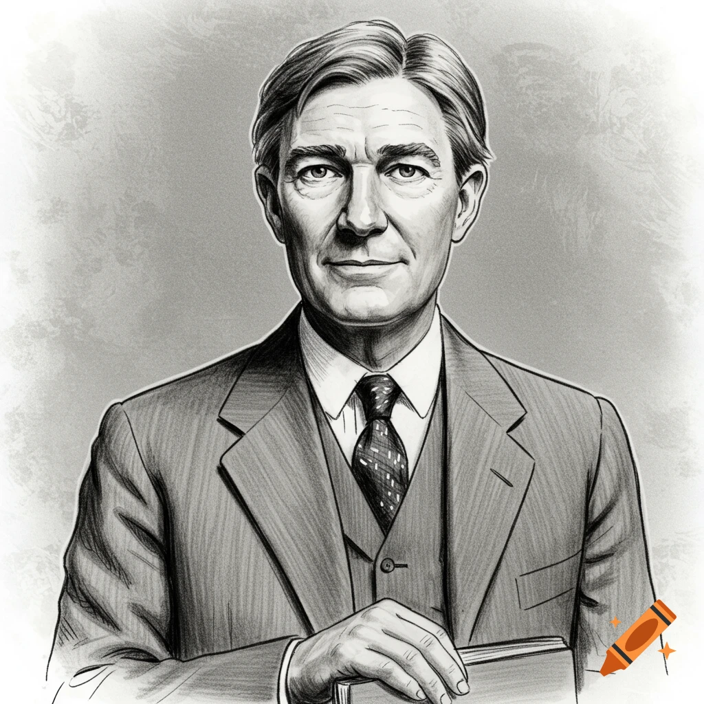 A sketch drawing of a man in a suit holding a book.