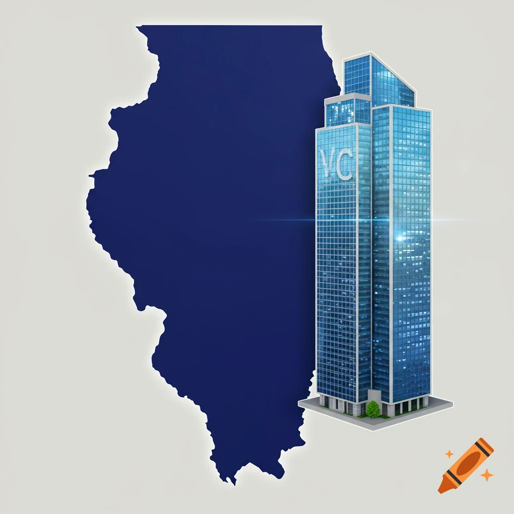 Outline of the state of Illinois next to a modern glass skyscraper with 'VC' on it.