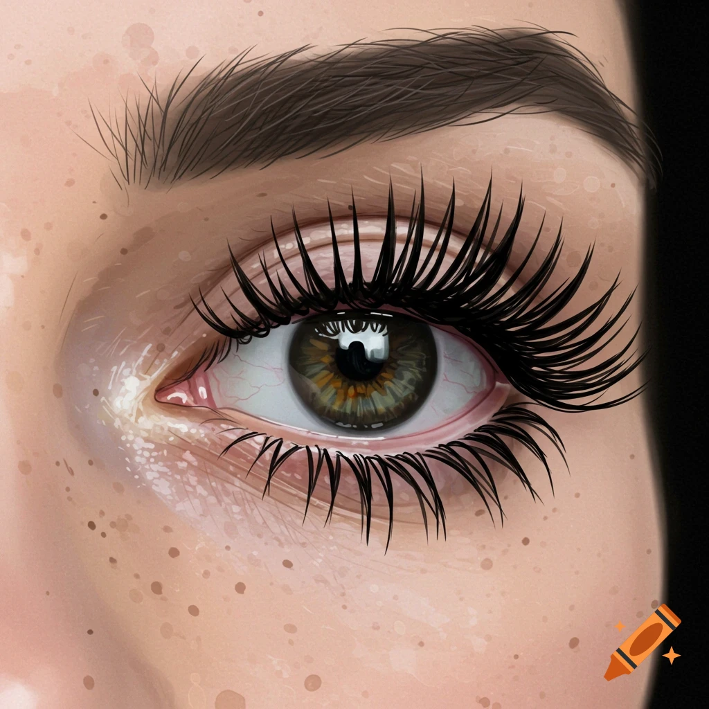Close-up of a human eye with long eyelashes and freckles.