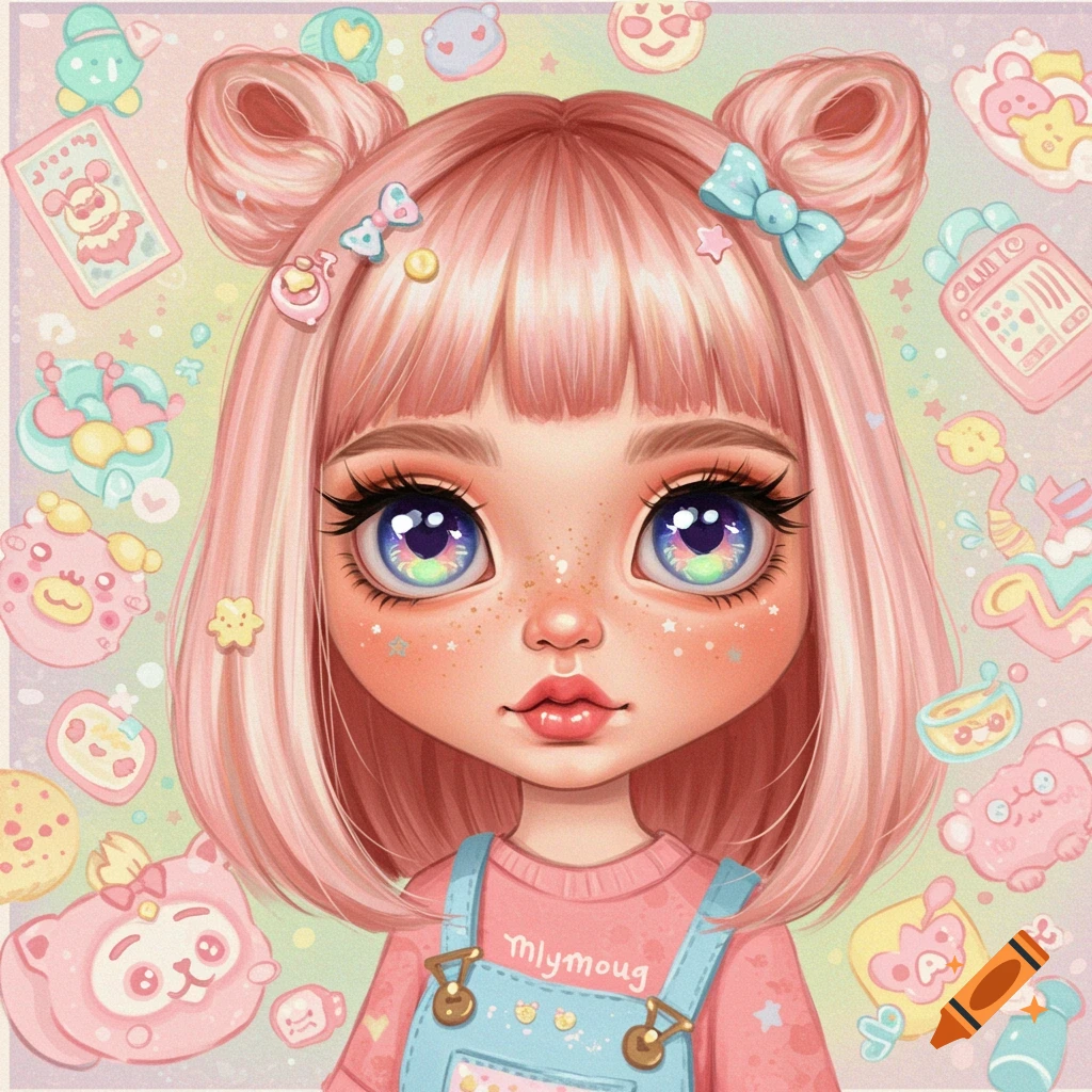 Stylized portrait of a girl with pink hair and large colorful eyes, wearing overalls, surrounded by cute pastel elements.