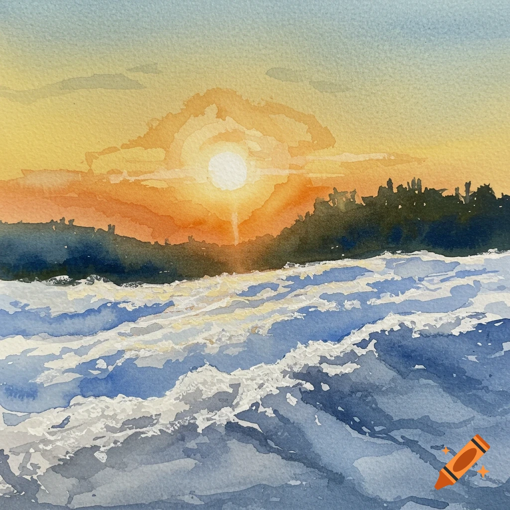 Watercolor painting of a sunset over the ocean with reflections on the water and a dark shoreline.