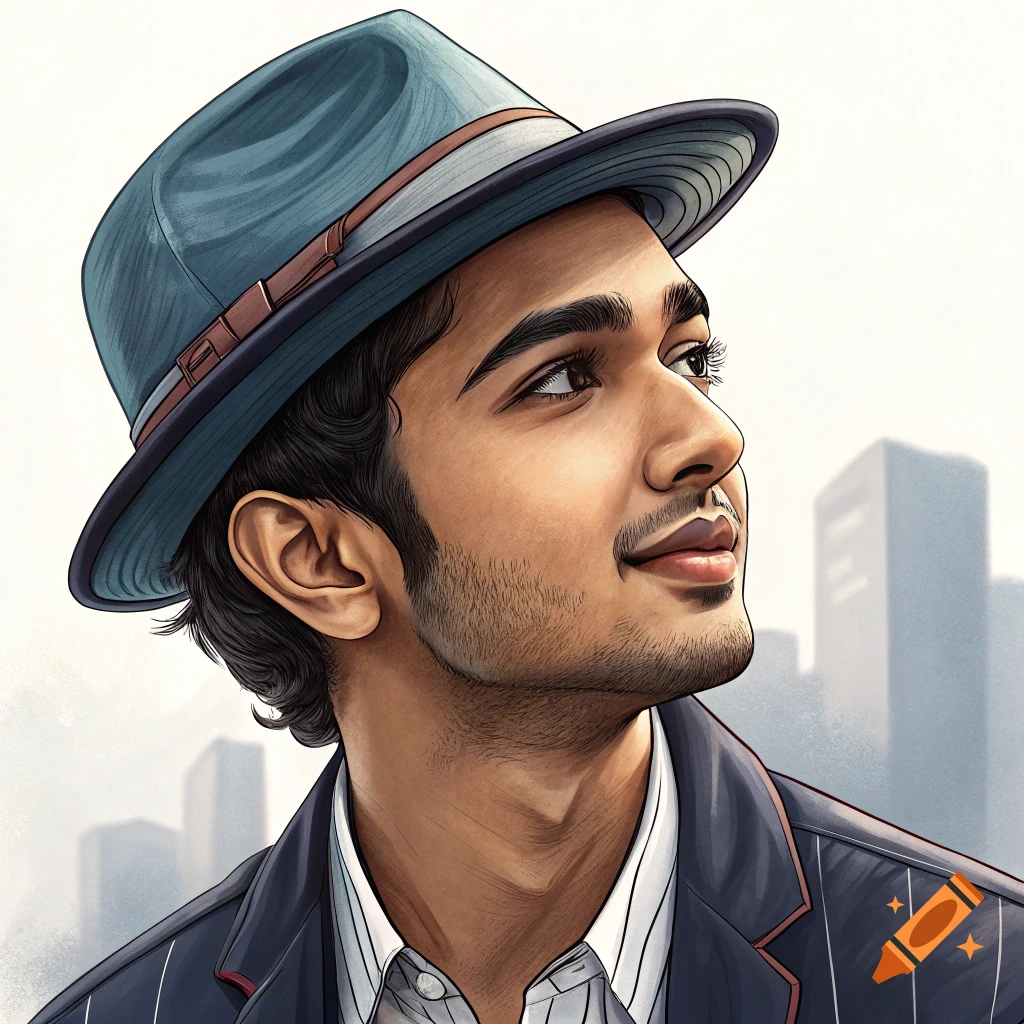 Stylized portrait of a man in a fedora hat looking up, with blurry city buildings behind him.