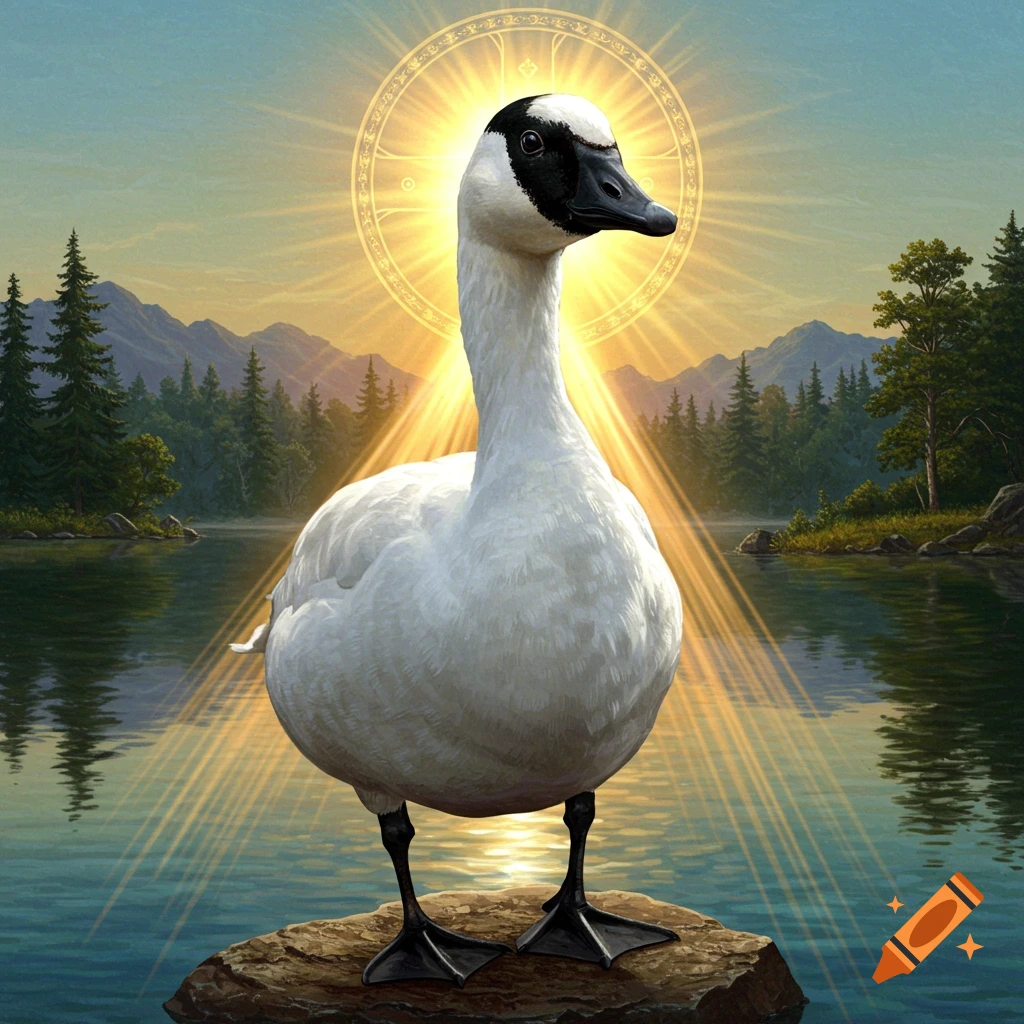 A white swan with a black head stands on a rock in a lake, a halo of light behind its head, at sunset in a landscape.