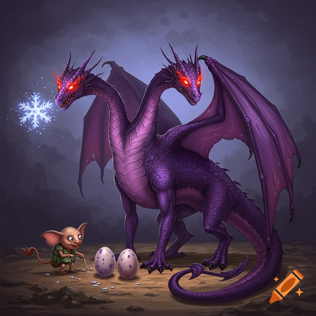 A two-headed purple dragon stands over two speckled eggs beside a small creature holding a needle, with a glowing snowflake nearby. Digital illustration.
