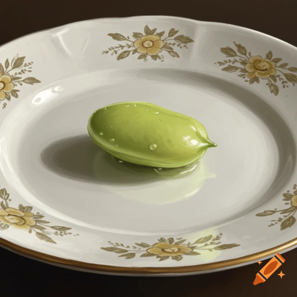 Illustration of a single green bean with water droplets on a decorative white plate.