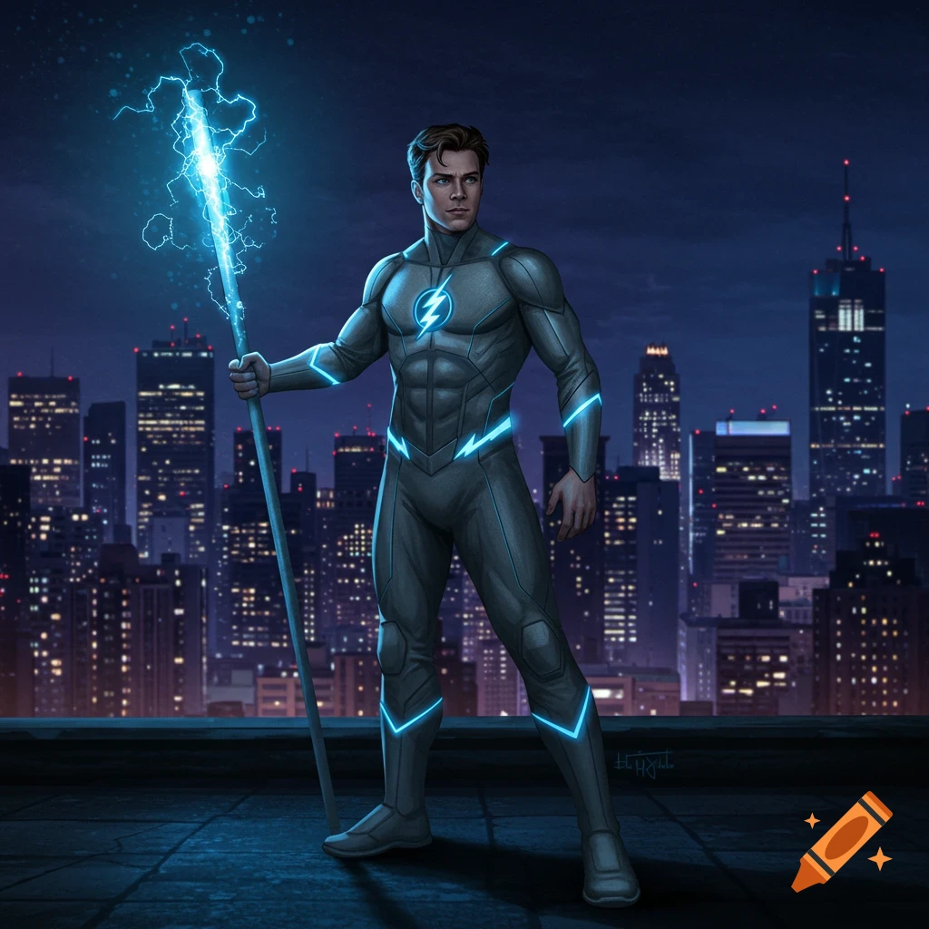 Illustration of a superhero in a grey suit with glowing blue lightning, holding a staff on a rooftop overlooking a city.