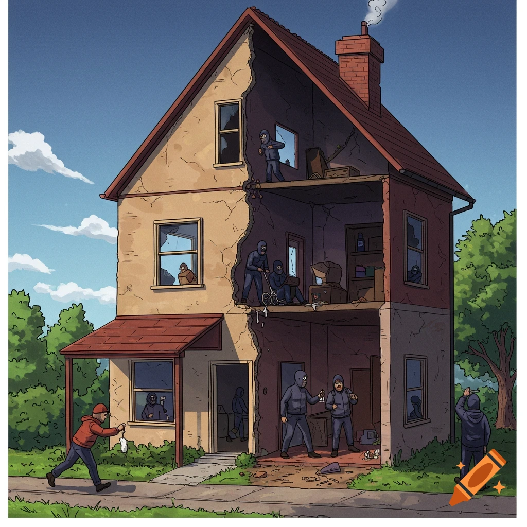 Illustration of a cutaway house with robbers looting inside, one outside holds a bag.