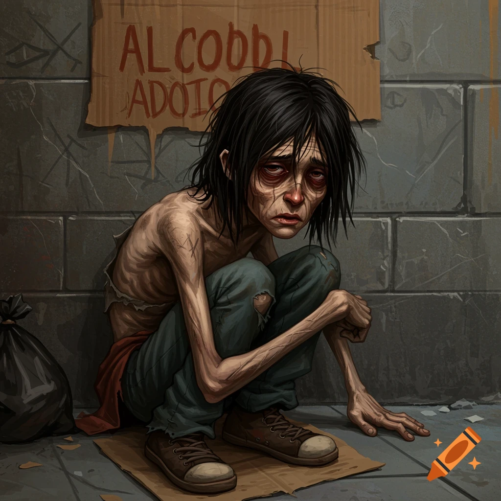 Illustration of a gaunt, miserable person sitting in an alley next to a trash bag.