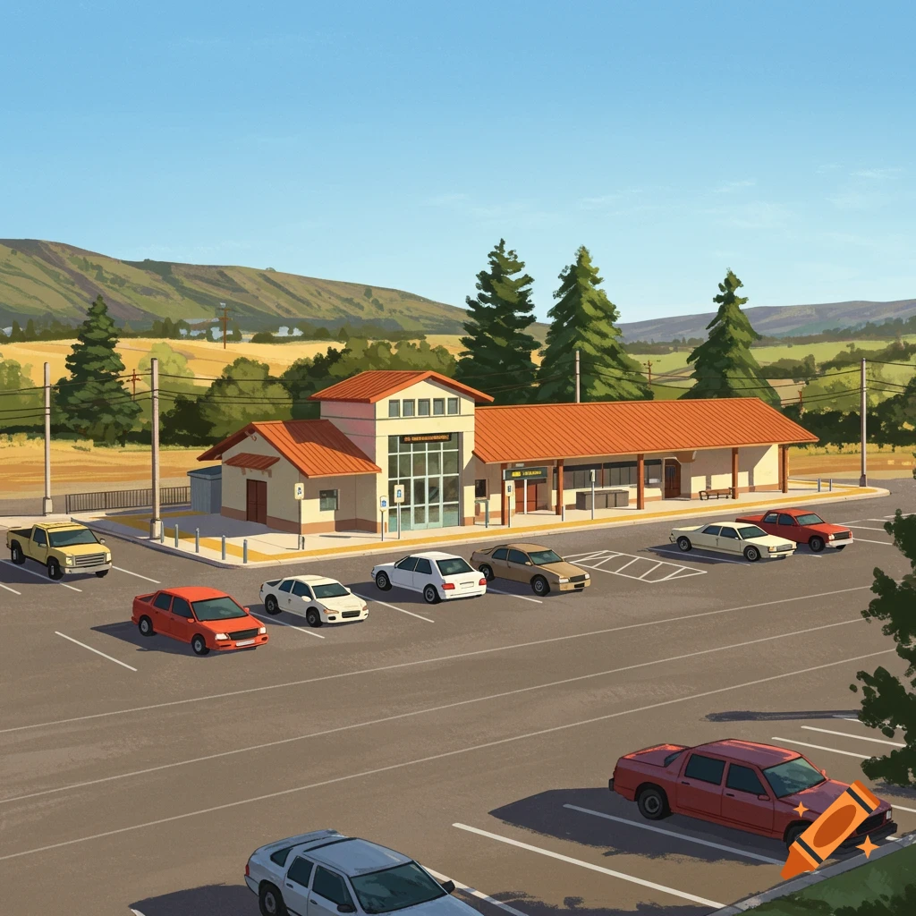 Illustrated scene of a rural train station with a parking lot full of cars and mountains in the background.